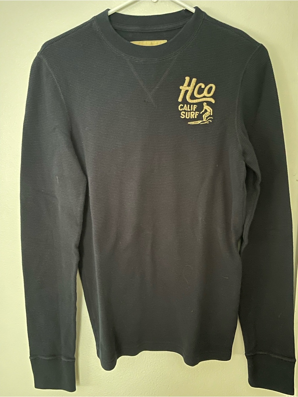 Hollister Navy Crewneck Waffle Knit Sweater with Gold Logo